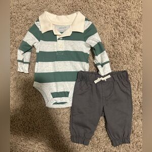 Carter's Green & Gray Striped Polo Bodysuit with Charcoal Joggers